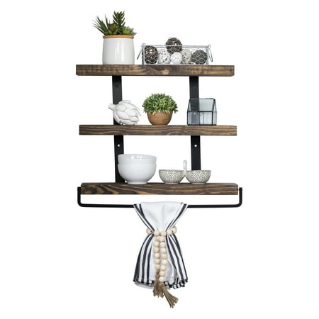 Industrial Metal Bracket Three-Tier Wooden Floating Shelves with Towel Bar, Dark Walnut