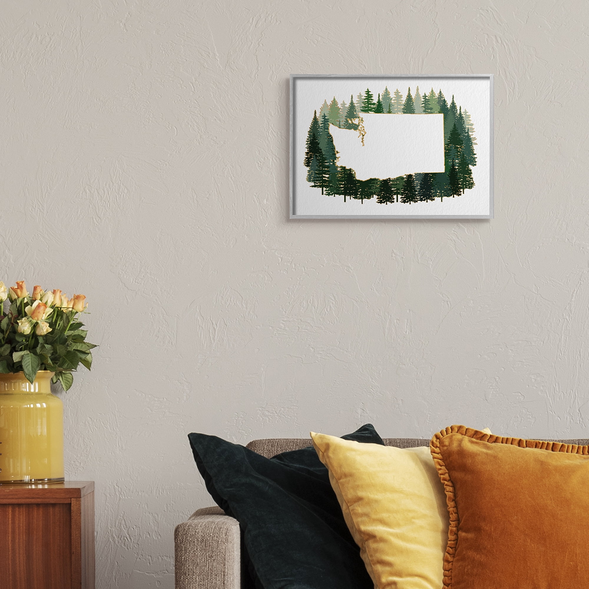 Stupell Industries Washington State Outline Pine Trees Green Forest Town & City Painting Gray Framed Art Print Wall Art, 11 x 14
