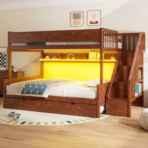 Harper & Bright Designs Full XL over Queen Bunk Bed with Shelves and Trundle, Wood Stairway Bunk Beds Frame with Storage and LED Light, Walnut