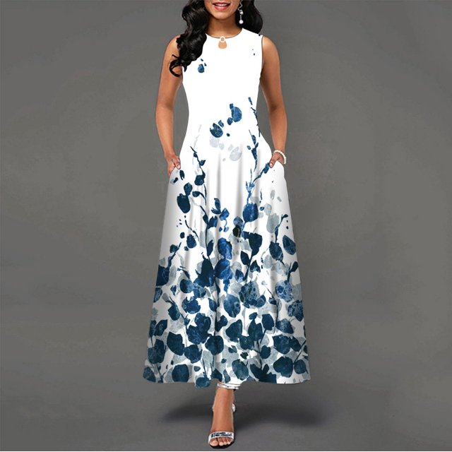 WAYOFLOVE Ladies Spring Summer Long Dress Women White Sleeveless V-neck Pockets Party Dresses Elegant Print Casual Vintage DressL Gao Jinjia LED