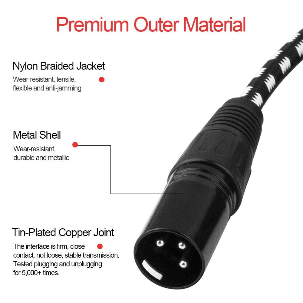 XLR Cables 50 ft 2 Pack Durable Nylon Braided XLR Microphone Cable, Mic Cable, OFC Shielded and Balanced XLR to XLR Male to Female Cord for Recording Mixer Amplifie Speaker Black White
