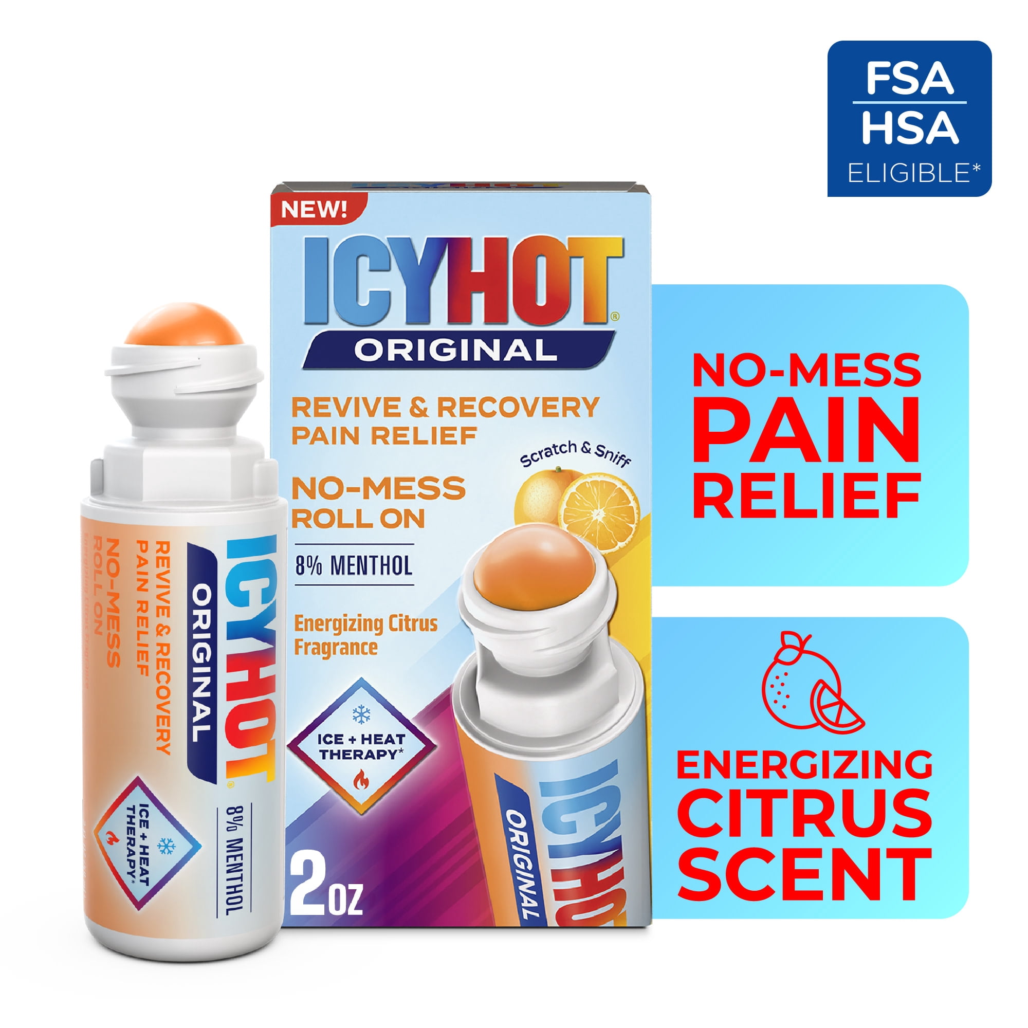 Icy Hot Original Pain Relief Revive & Recovery No-Mess Roll-On Applicator, Fast-Acting Pain Relief With 8% Menthol for Backaches, Joints, Muscle Strains and Arthritis, Citrus, 2 oz