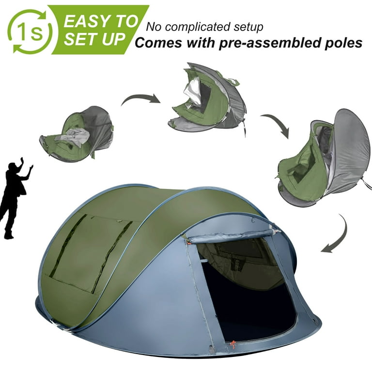 GVDV 6 Person Pop Up Camping Tent, Instant Setup, 2 Doors, Green