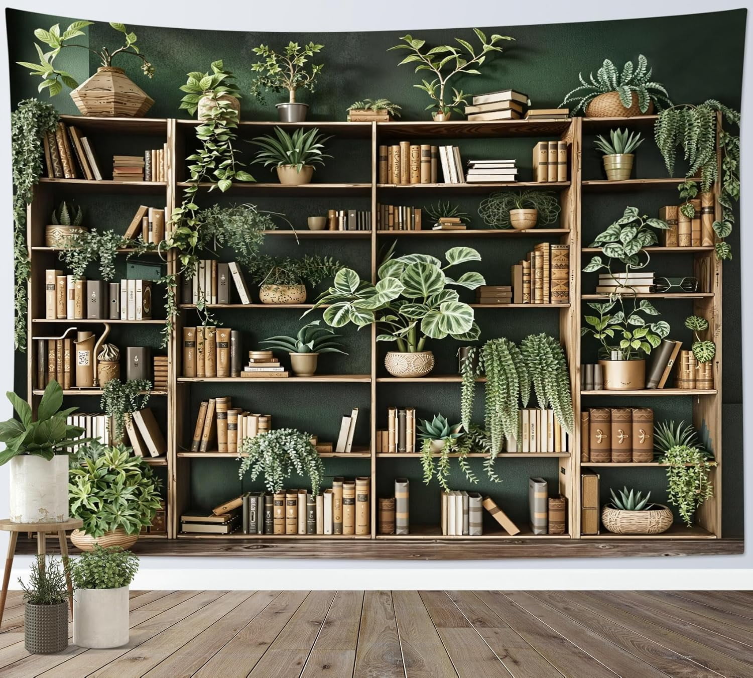 Bookshelf Tapestry Pink Floral Green Watercolor Plant Botanical Aesthetic Tapestry Wall Hanging Vintage Library Book Wall Decor for Bedroom Living Room Dorm Office