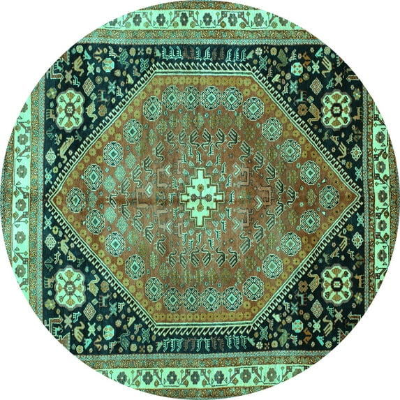 Ahgly Company Machine Washable Indoor Round Persian Turquoise Blue Traditional Area Rugs, 4' Round