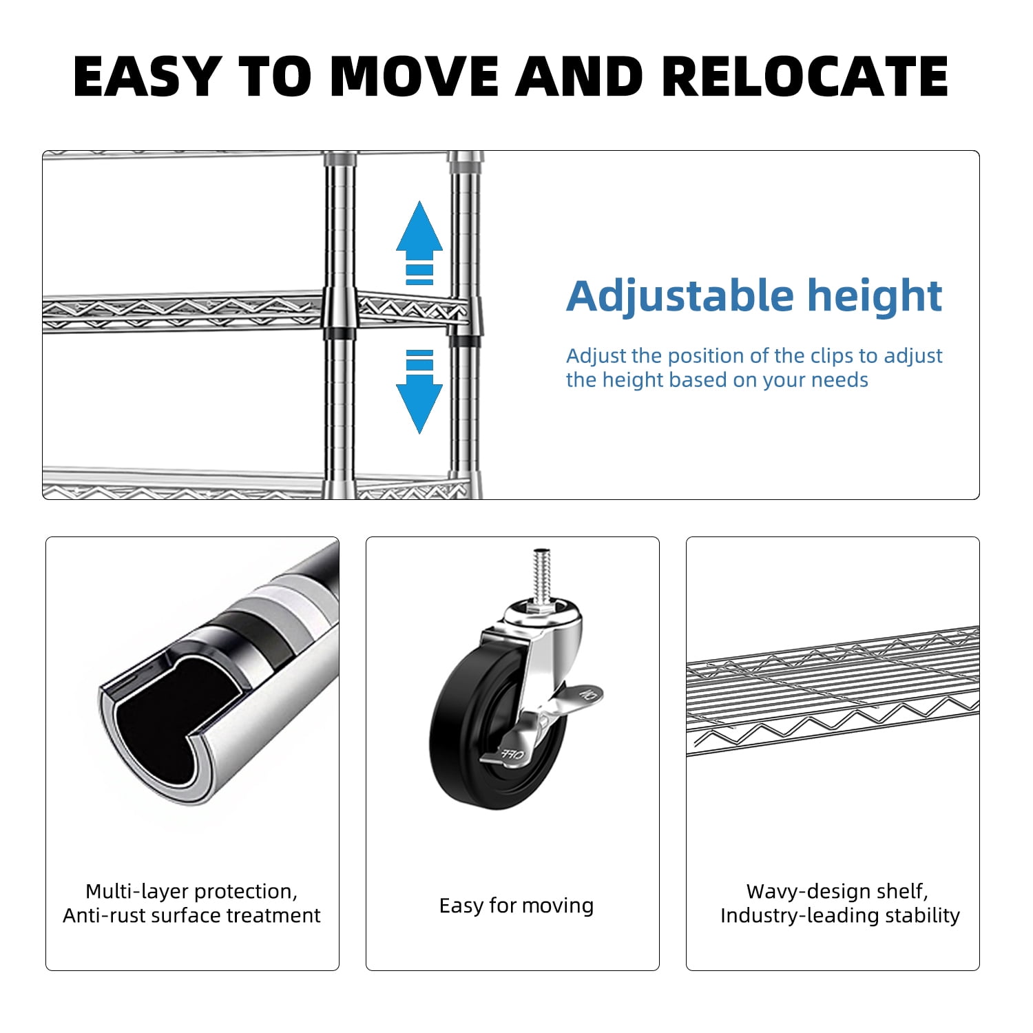 Heavy Duty Rolling Garment Rack, 3 Tiers Adjustable Wire Shelving Clothes Rack with 2 Rods and Side Hooks, Storage Closet Clothing Rack with Wheels Chrome 15.7" D x 45.3" W x 79.6" H