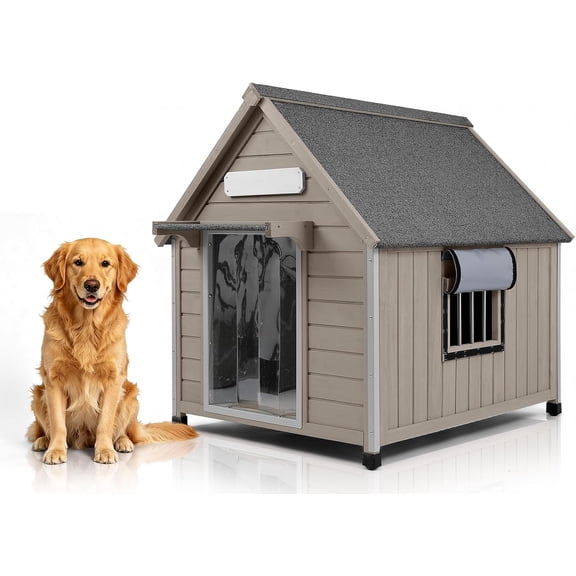 PETSCOSSET Weatherproof Wooden Outdoor Dog House for Medium‑Large Dogs, Grey Finish, Chew‑Resistant Iron Frame, Ventilated Window, PVC Door Flap, Raised Base