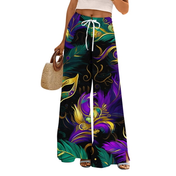 Ladies Loose Casual Printed Wide Leg Pants with Elastic Waistband Drawstring and Pocket Pants, Carnival Theme Trousers, Bohemian Style Pants for Women,Dark Green,2XL