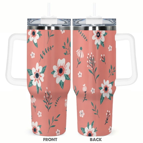 40oz Coral Floral Tumbler with Handle and Straw Botanical Flower Stainless Steel Insulated Travel Coffee Cup Gift for Women