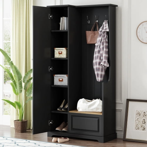 Hall Tree with Flip-Up Bench and Shoe Cabinet, Adjustable Shelves, Hooks, Entryway Mudroom Furniture, Black
