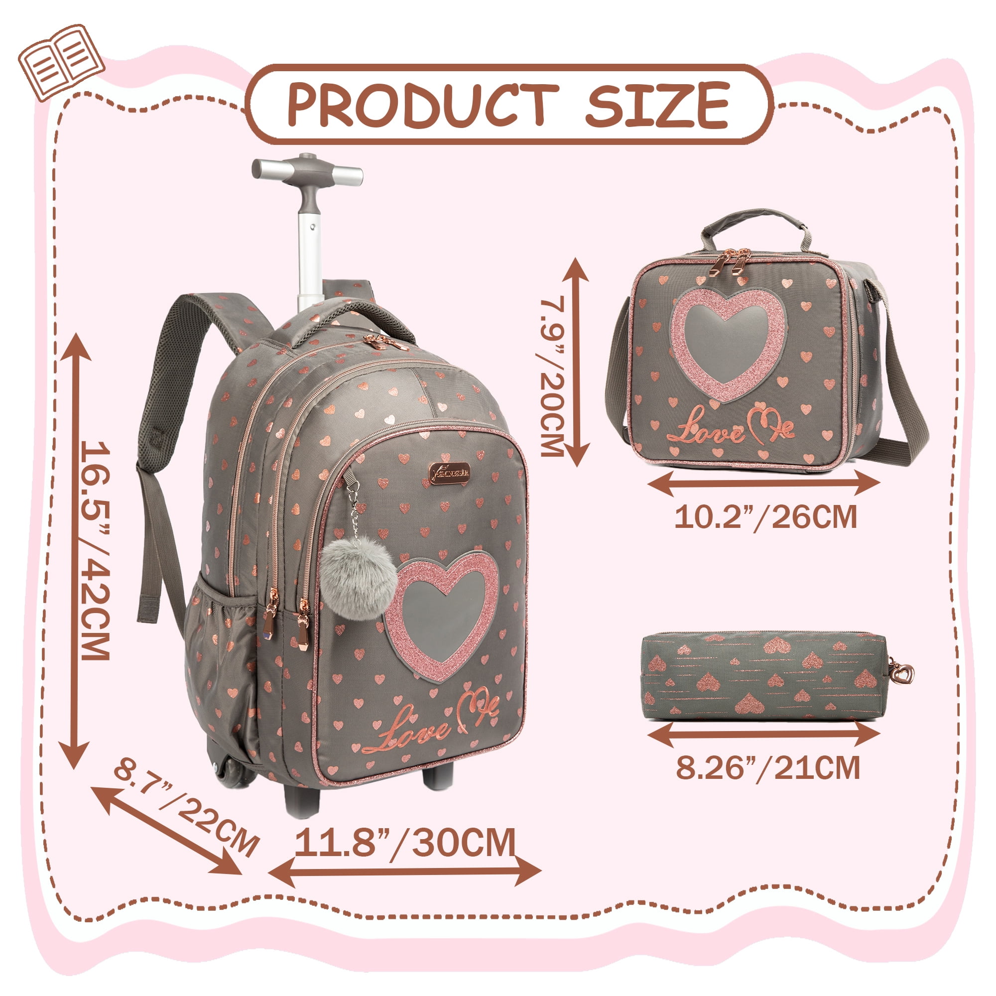 Kids Rolling Backpacks for School Girls with Wheels Rolling School Bags Lunch Bag Pen Case for Ages 6-8