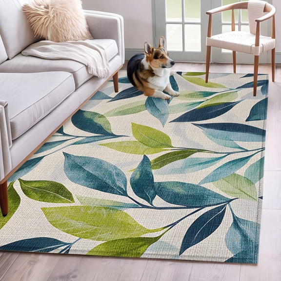 Teal Green Leaves Area Rug 3x5 Washable Rug Non Slip Pastoral Summer Botanical Rustic Large Area Rug Indoor Floor Carpet for Entryway Bedroom Kitchen Living Room Home Office Dining Room Nursery