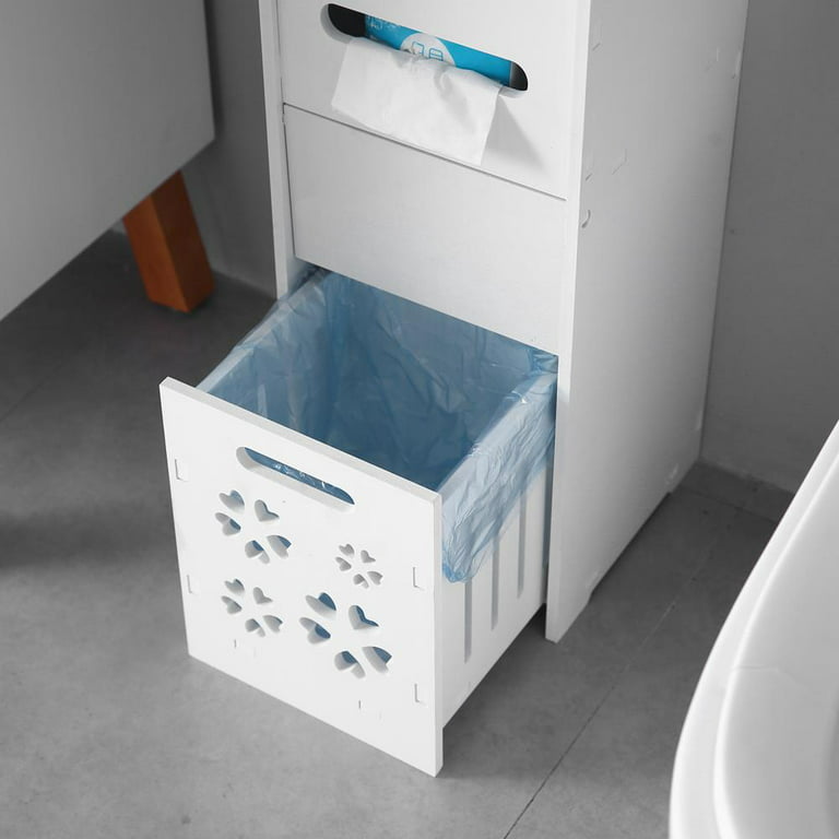 Freestanding Slim Storage Cabinet Bathroom Narrow with Toilet Paper Holder  & Trash Can