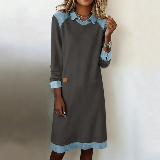 Mceream Robes Longues pour Femmes Formelles Grande Taille Robe en Denim Patchwork à Blocs de Couleur Printemps Ample Décontractée Col Midi Robes Chandail en Molleton Gris TG