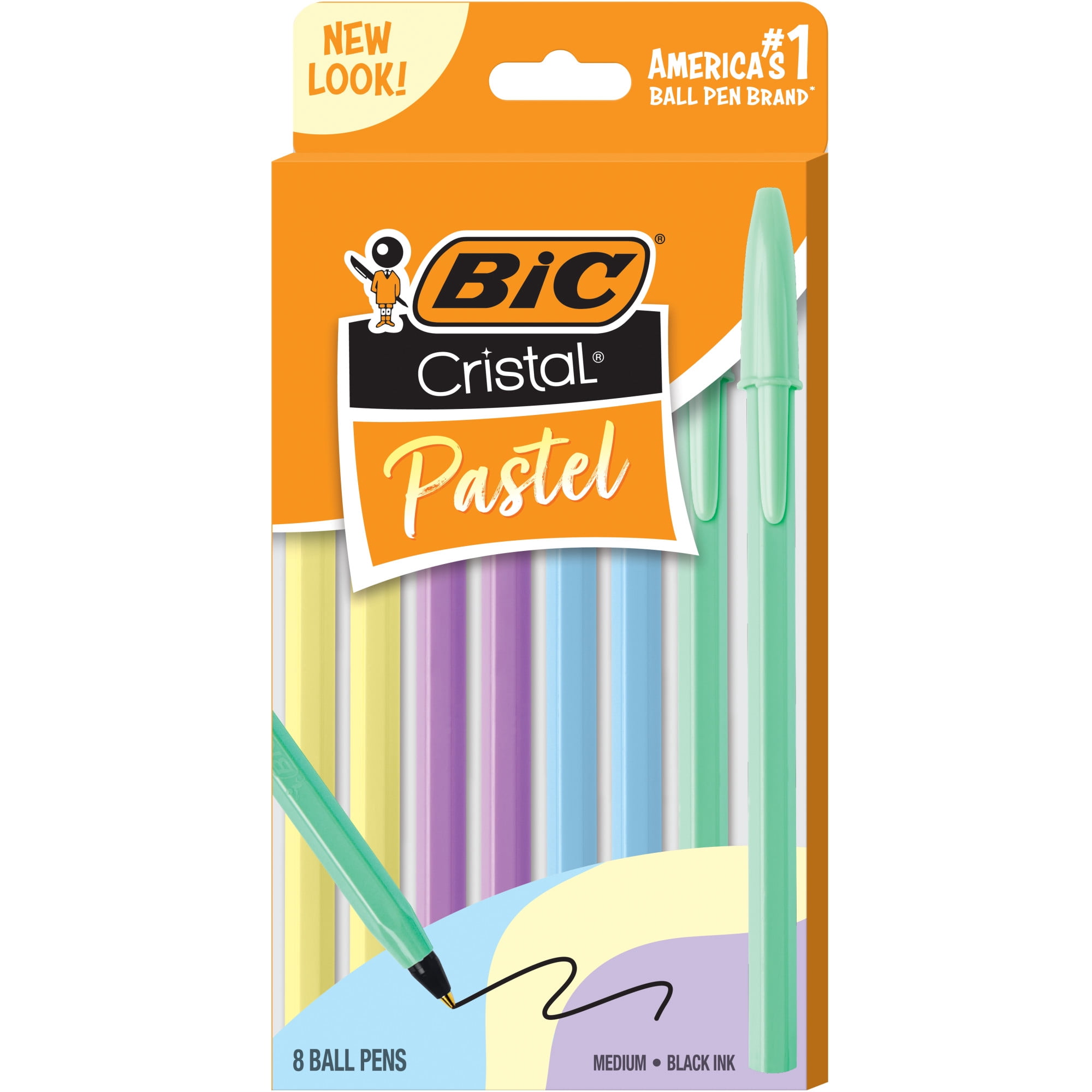 BIC Cristal Stylos à Bille Pastel, Encre Noire, Corps aux Couleurs Pastel, Stylos pour Journal Intime, Paquet de 8