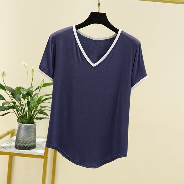 T-shirt Femme Col en V Couleur Unie Manches Courtes Ample