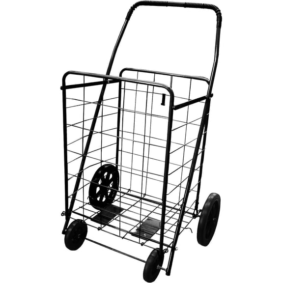 Folding Shopping Cart with Plastic Wheels| Size: Jumbo (41.75" H x 24" W x 21" D) | Color: Black