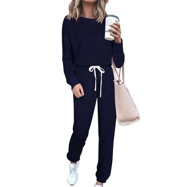 Conjunto deportivo PRETTYGARDEN sólido azul marino con manga larga talla grande