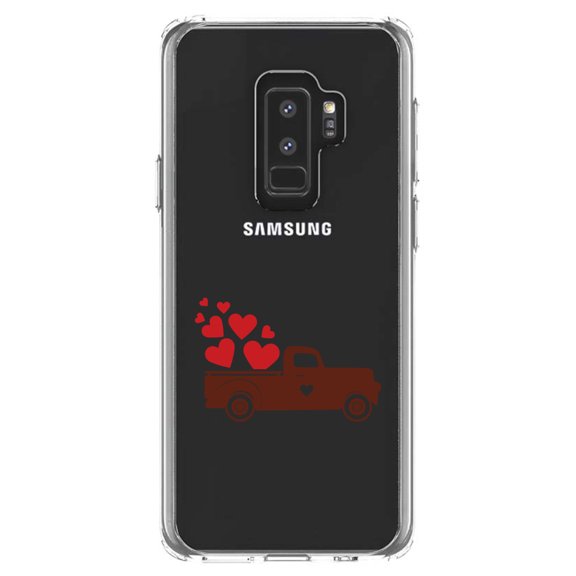 DistinctInk Clear Shockproof Hybrid Case for Samsung Galaxy S9  PLUS (6.2" Screen) - TPU Bumper Acrylic Back Tempered Glass Screen Protector - Valentine Truck Red Hearts