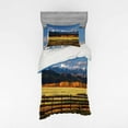 thumbnail image 2 of Nature Duvet Cover Set, Farm Field with Snow Covered Mountain Nature Valley Forest Panoramic Work of Art, Bedding Set with Shams and Fitted Sheet, 3 Sizes, by Ambesonne, 2 of 3