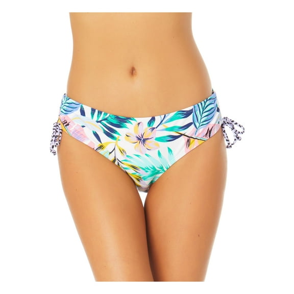 CALIFORNIA SUNSHINE Women's Multi Color Tropical Print Stretch Mid-Rise Side-Ruched Brief Moderate Coverage Tie Bikini Swimsuit Bottom L