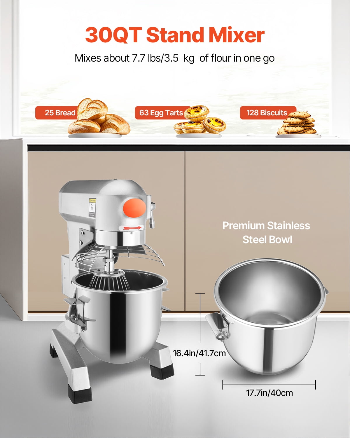 KFFKFF Commercial Food Mixer, 30Qt, 1100W Electric Stand Mixer, 3 Adjustable Speeds 105/180/408 RPM, Stainless Steel Bowl, Dough Hooks, Whisk, and Beater, for Schools, Bakeries, Resta