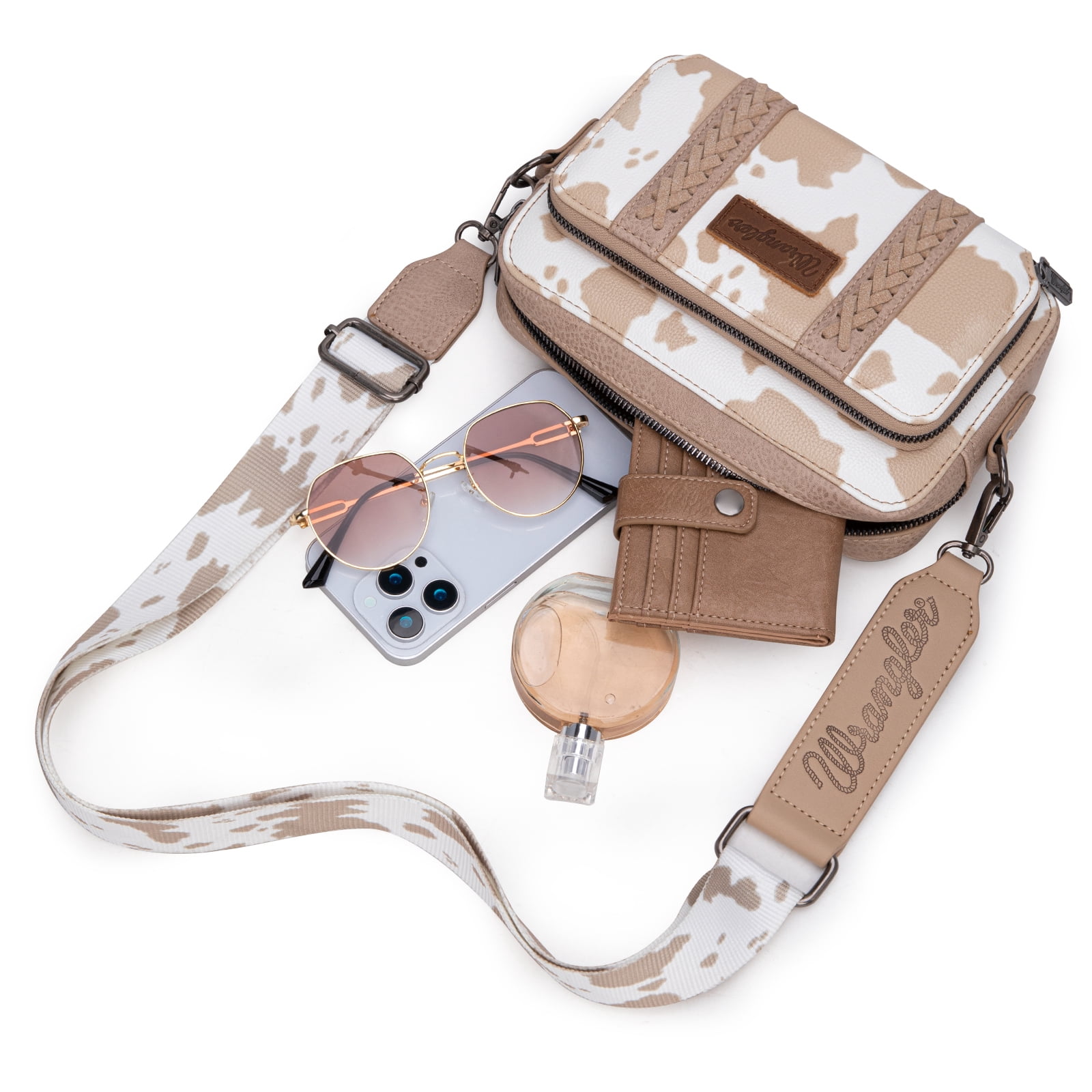 Wrangler Cow Print Crossbody Bag for Women Western Cowgirl Crossbody Purses with Guitar Strap, Tan