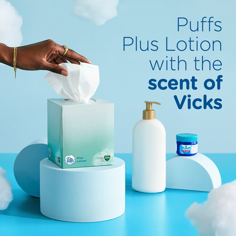 Puffs Plus Lotion, Vicks Scented Facial Tissues, White, 4 Cubes