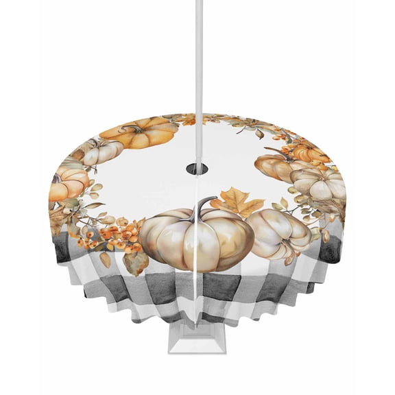 Fsddascl Black Plaid Thanksgiving Outdoor Tablecloth - 54 Inch Round Dining Table Cover, Fall Pumpkins Wreath Waterproof Outdoor Table Cloth with Umbrella Hole & Zipper for Picnic/Patio/Party