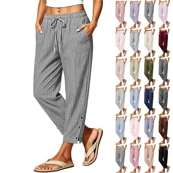 Plus-Size Pants for Women Pinstripe Casual Drawstring Elastic Waist Pant Loose Wide Leg Button Trousers With Pockets M