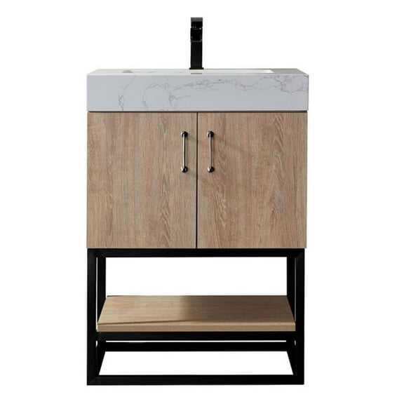 Pemberly Row 24" White Stone Top Oak Single Vanity Black Frame with o Mirror