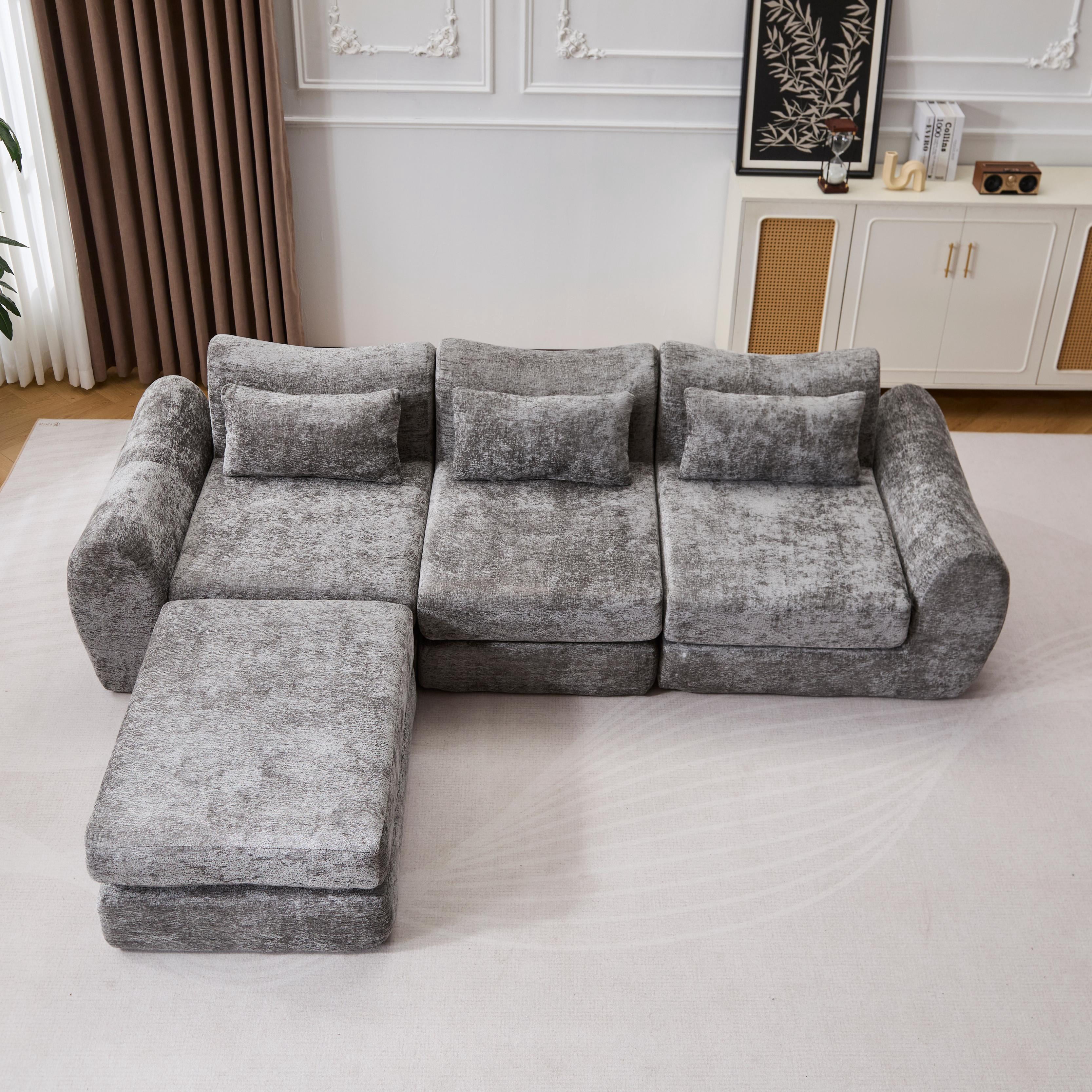 BSHTI Foldable Wave Star Modular Sofa, Chenille Fabric, 4-in-1 Modern Couch for Living Room, Modular Sectional Sofa with Chaise, Free Combination 3 Seater Sofa, Grey