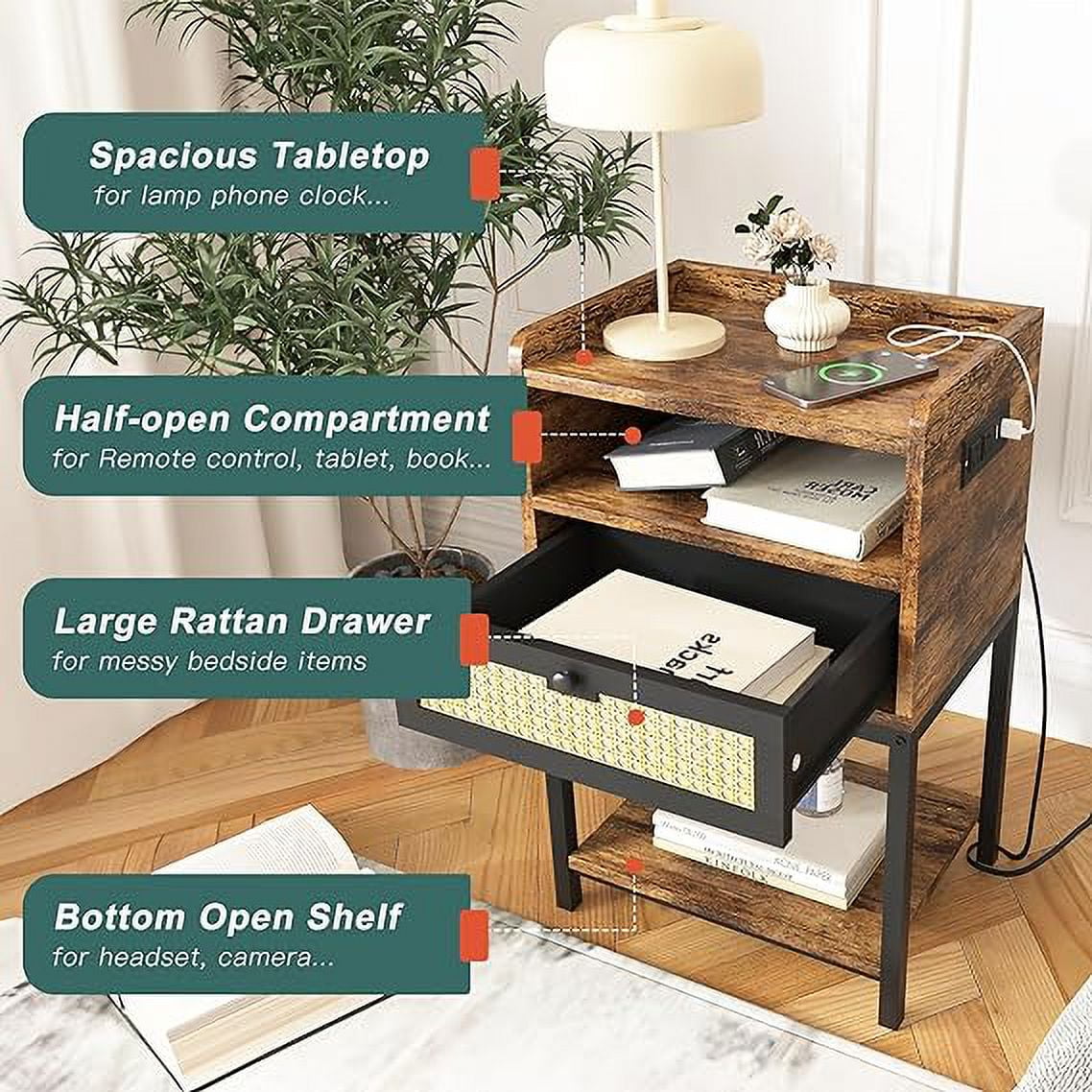 Hommoo 3-Tiers Storage Nightstand, Bedside Table with Charging Station and USB Ports, End Tables for Bedroom, Rustic