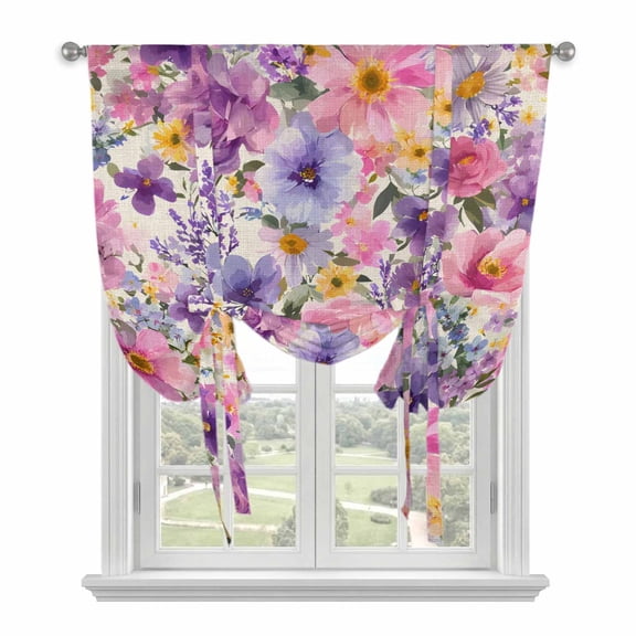 Farmhouse Flowers Balloon Curtains for Bedroom/Front Door/Bathroom, Spring Watercolor Purple Pink Floral Beige Tie Up Curtains 63 Inch Length Kitchen Curtains Shades for Windows 46"x63"