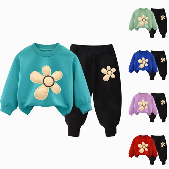 Girls Flower Print Long Sleeved Sweatshirt and Pants Fall Winter Set 6-24 Months 2T 3T 4T 5T 6T Children Blue,9-10 Years