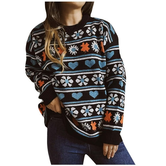 Aoochasliy Womens Sweaters Clearance Pullover Cardigan Flower Heart Round Neck Long Sleeve Knit Short Top