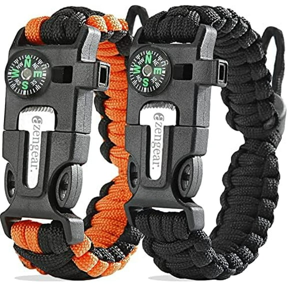 Paracord Survival Bracelet (2 Pack) | Flint Steel Fire Starter, Whistle, Compass, Mini Saw | Adjustable Wrist Band Size for Camping, Bushcraft, Emergency Kit (Black & Orange)$$Sport &Recreation Other