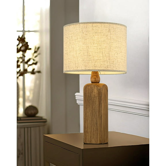 22" Farmhouse Table Lamp with  Honey Natural Wood Base Classic Beige Fabric Drum Shade Bedside Lamp Traditional Desk Lamp for Home Office Foyer Living Room