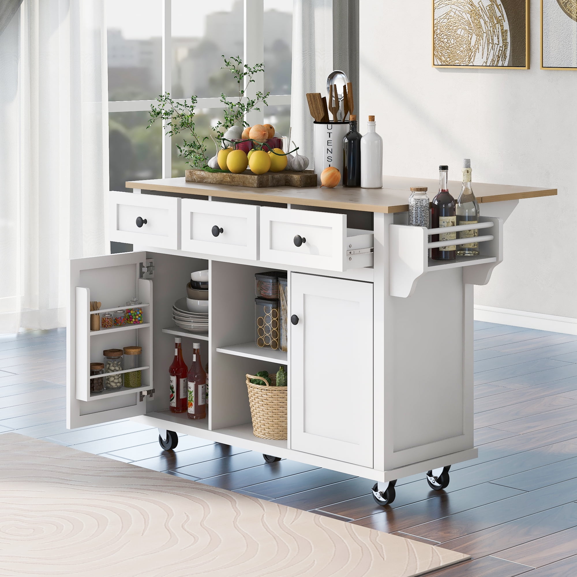 Oaks Aura Rolling Kitchen Island Cart with Storage, Rubber Wood White, 102 in
