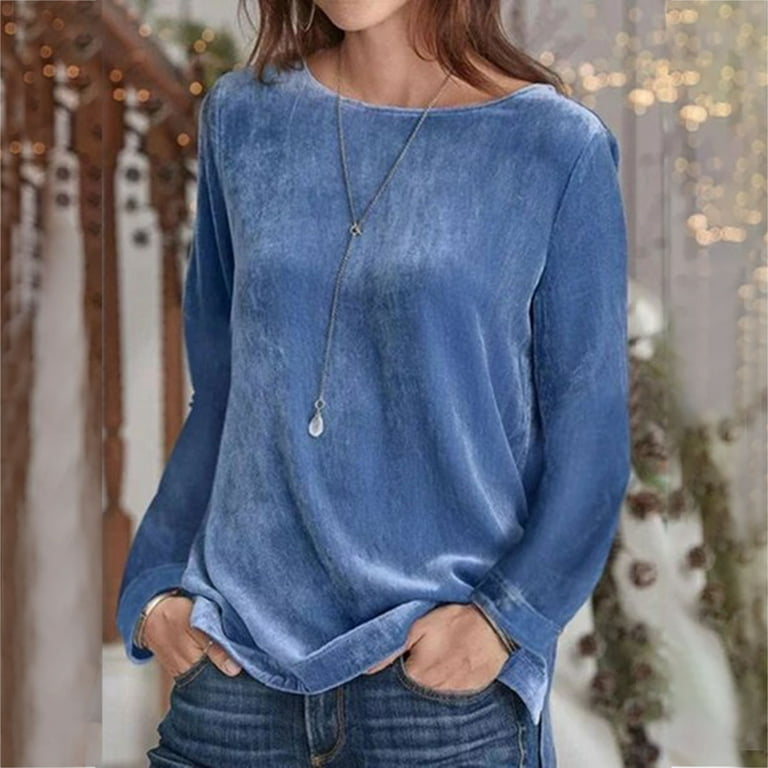 Women's Vintage Velvet Crewneck Long Sleeve Tunic Tops Blouse Velour  Pullover Elegant Casual Solid Color Shirts Tees 