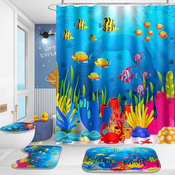 Poedist 4Pcs Shower Curtain Set, Bathroom Sets with Shower Curtain and Rugs, with Non-Slip Rugs,Toilet Lid Cover,Bath Mat and 12 Hooks,71 x 71 Inch,Under The Sea Fish
