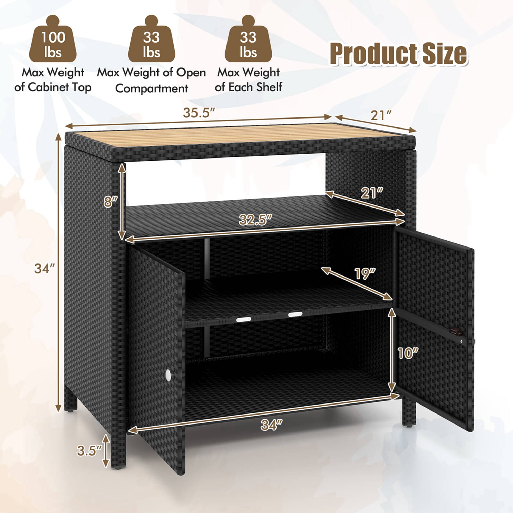 Costway Patio Rattan Storage Cabinet with Acacia Wood Countertop Open Shelf 2 Door Cabinet Black
