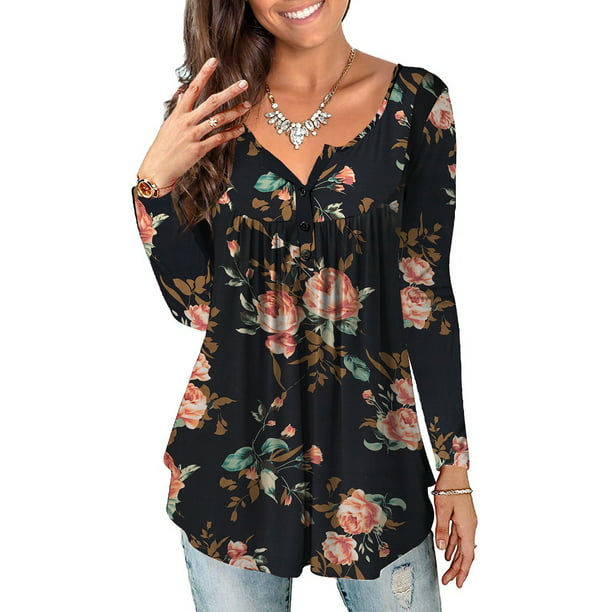 a.Jesdani Womens Plus Size Long Sleeve Tunic Tops Casual Floral Henley ...