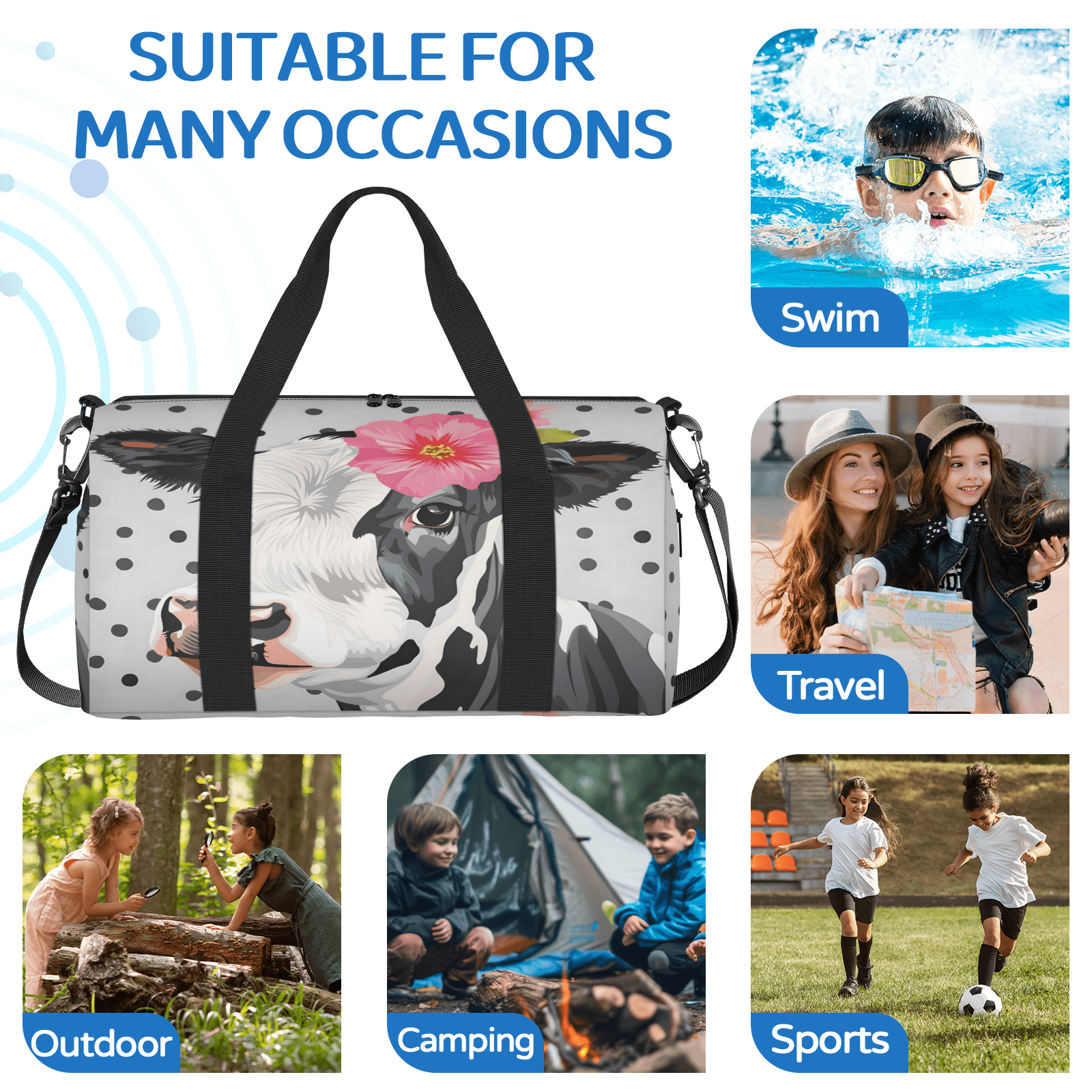 Herdesigns Cute Floral Cow Gym Bag for Women, Duffle Bag for Travel Sport, Lightweight Waterproof Carry on Weekender Overnight Dance Yoga Workout Bags