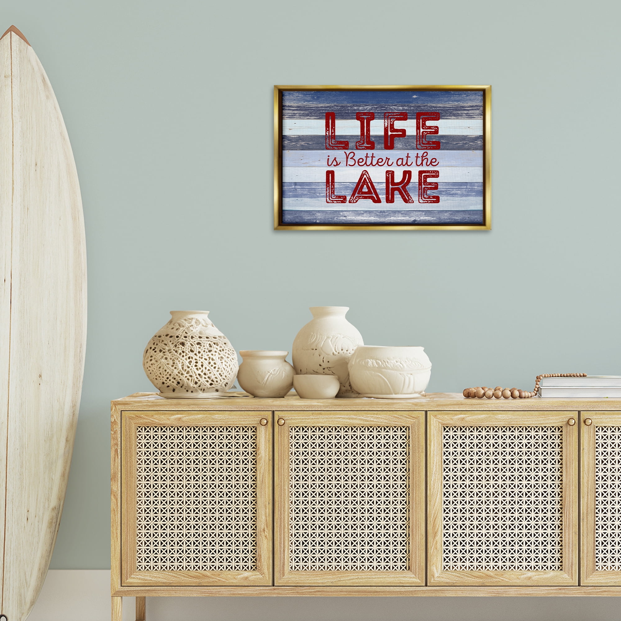 Stupell Industries Life At Lake Striped Coastal Painting Gold Floater Framed Art Print Wall Art, 25 x 17