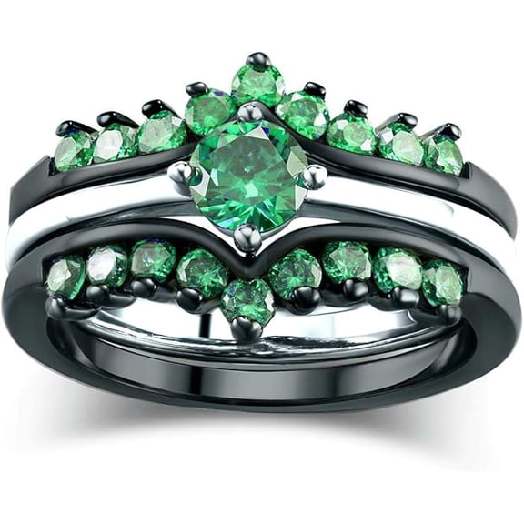 Dazzlingdaimonds Jewels 925 Sterling Silver 2.20 Ct Round Cut Emerald Wedding Engagement Christmas Bridal Ring Set 14K 2 Tone Gold Plated For Women's -8.5