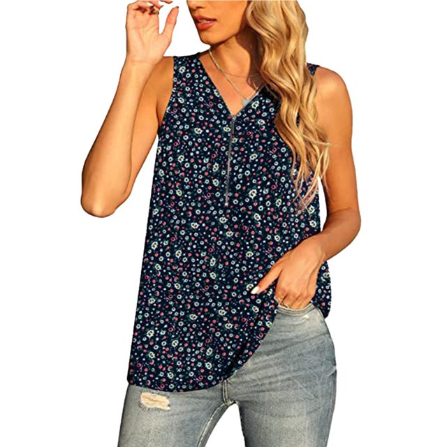 Camiseta sin mangas para mujer con cierre de cremallera y cuello en V, camisas de gasa sin mangas sueltas para uso en verano