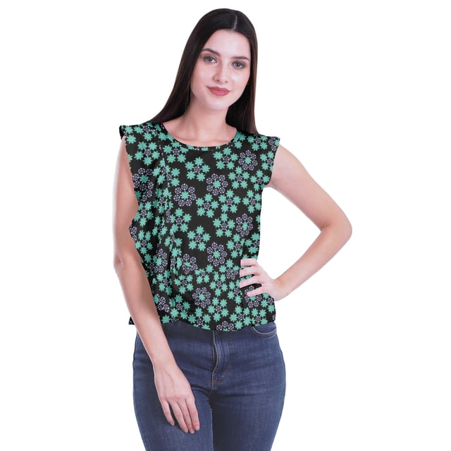 Moomaya Débardeur Sans Manches à Volants Imprimé pour Femmes Col Rond Crop Top Décontracté