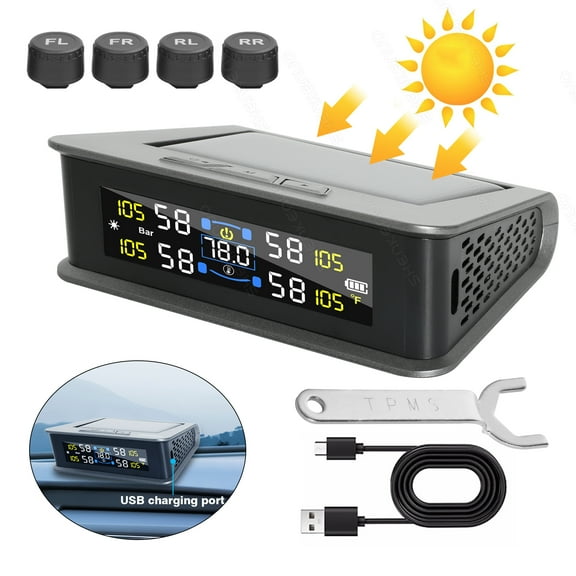 RXTSQI TPMS with 4 Sensors, Multiple Alarms, Solar & USB Charging for Car 0-72.5PSI