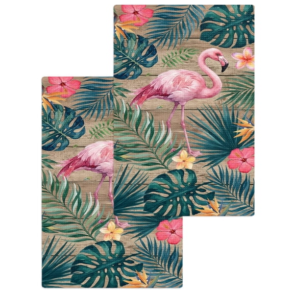 Summer Flamingo Kitchen Dish Towels for Drying Dishes Set of 2, Vintage Brown Palm Leaves Tropical Botanical Waffle Weave Microfiber Hand Tea Bathroom Towels Quick Dry & Absorbent Towel 15.7x23.6
